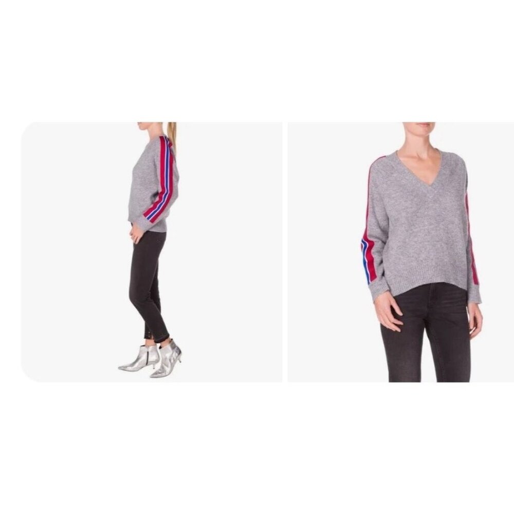 Sandro Gray V-Neck Sweater with Red and Blue Stripe Sleeves